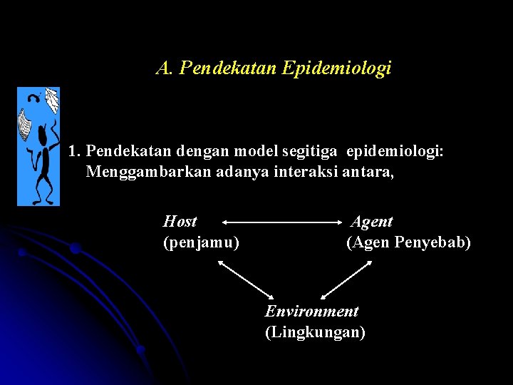 A. Pendekatan Epidemiologi 1. Pendekatan dengan model segitiga epidemiologi: Menggambarkan adanya interaksi antara, Host