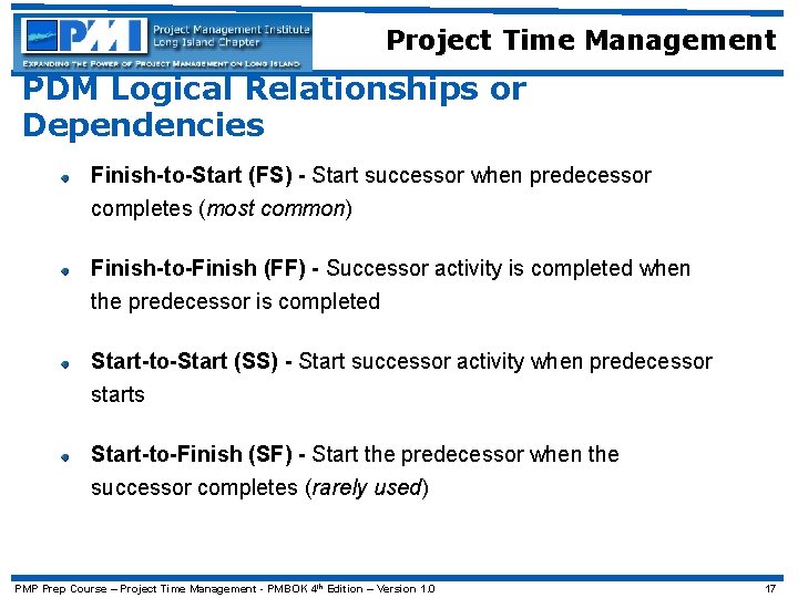 Project Time Management PDM Logical Relationships or Dependencies Finish-to-Start (FS) - Start successor when