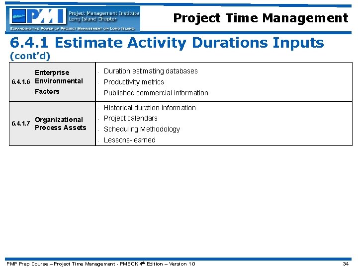 Project Time Management 6. 4. 1 Estimate Activity Durations Inputs (cont’d) Enterprise 6. 4.