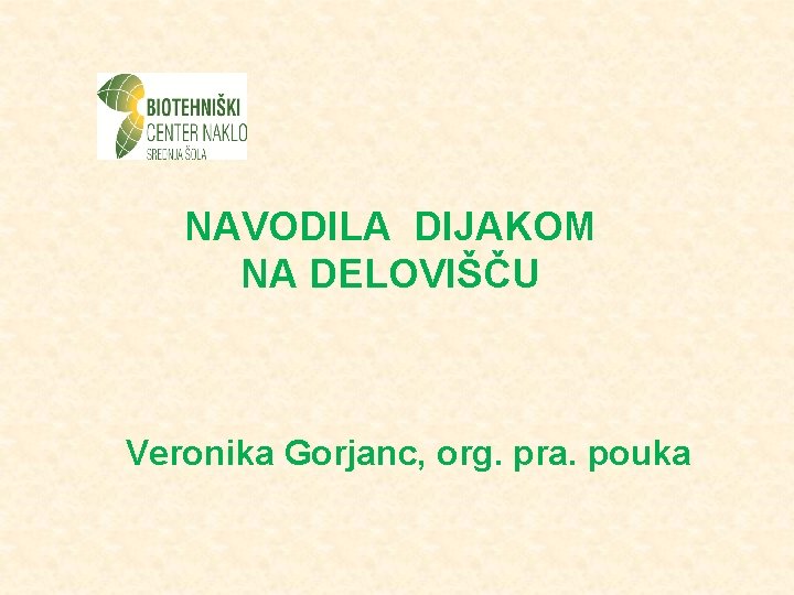 NAVODILA DIJAKOM NA DELOVIŠČU Veronika Gorjanc, org. pra. pouka 