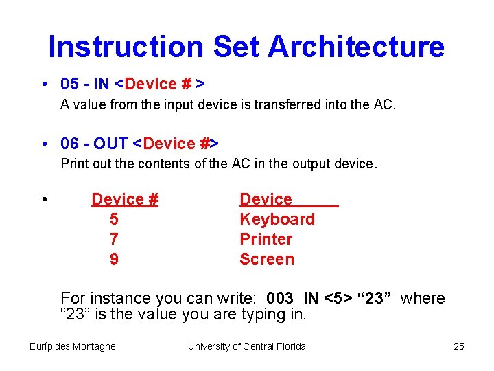 Instruction Set Architecture • 05 - IN <Device # > A value from the
