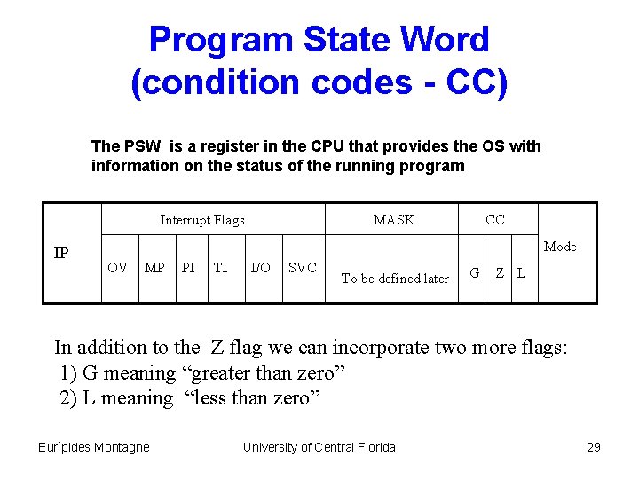 Program State Word (condition codes - CC) The PSW is a register in the