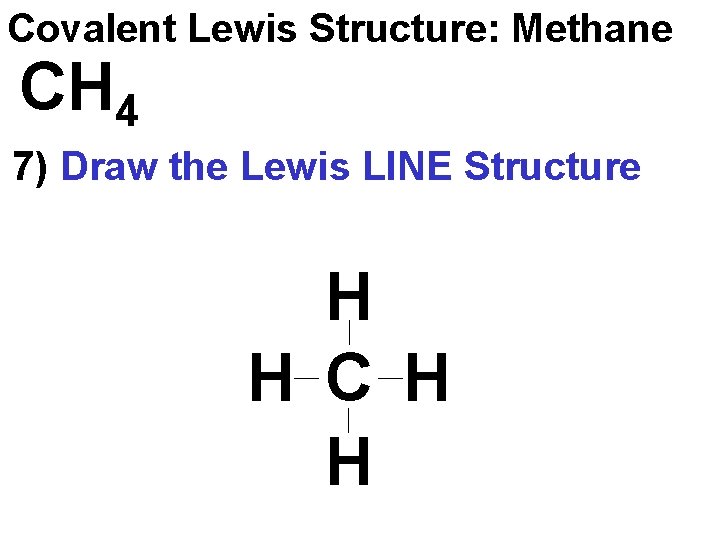 Covalent Lewis Structure: Methane CH 4 7) Draw the Lewis LINE Structure H H