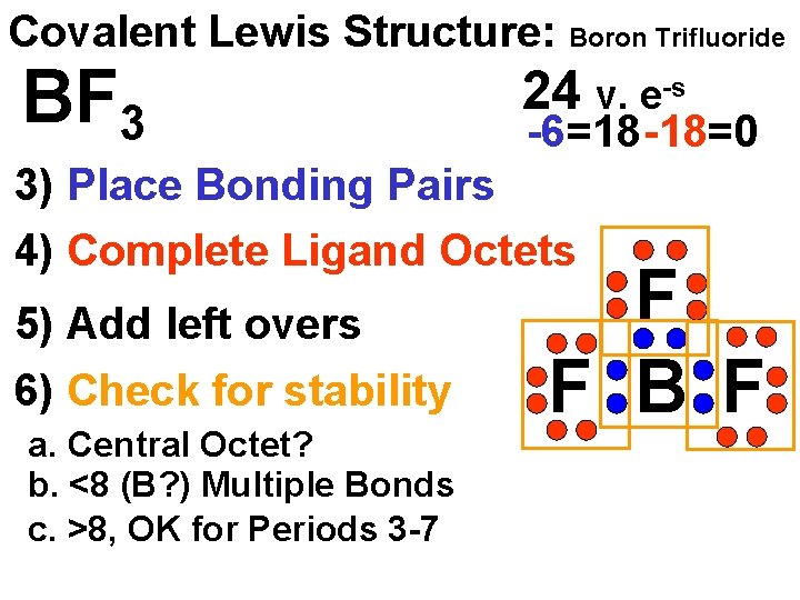 Covalent Lewis Structure: Boron Trifluoride BF 3 24 v. e-s -6=18 -18=0 3) Place