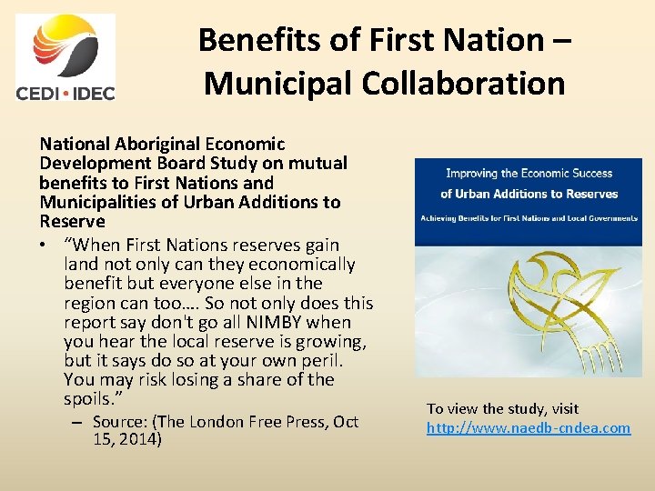 Benefits of First Nation – Municipal Collaboration National Aboriginal Economic Development Board Study on
