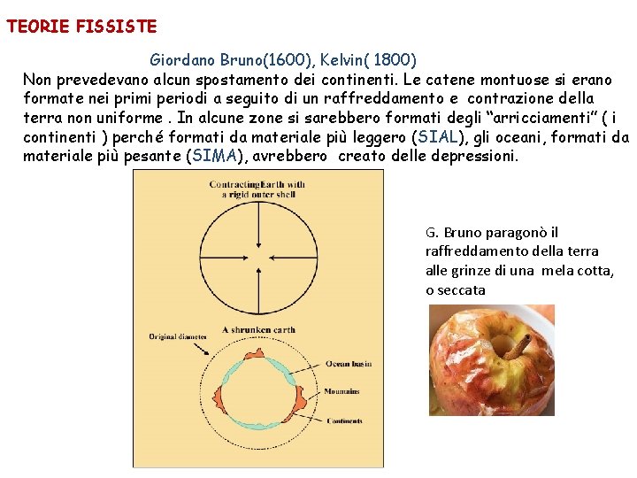 TEORIE FISSISTE Giordano Bruno(1600), Kelvin( 1800) Non prevedevano alcun spostamento dei continenti. Le catene