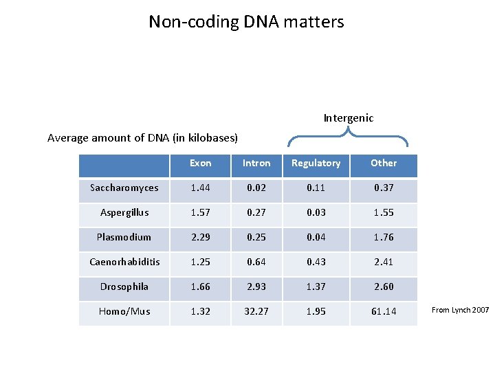 Non-coding DNA matters Intergenic Average amount of DNA (in kilobases) Exon Intron Regulatory Other Non-coding DNA matters Intergenic Average amount of DNA (in kilobases) Exon Intron Regulatory Other