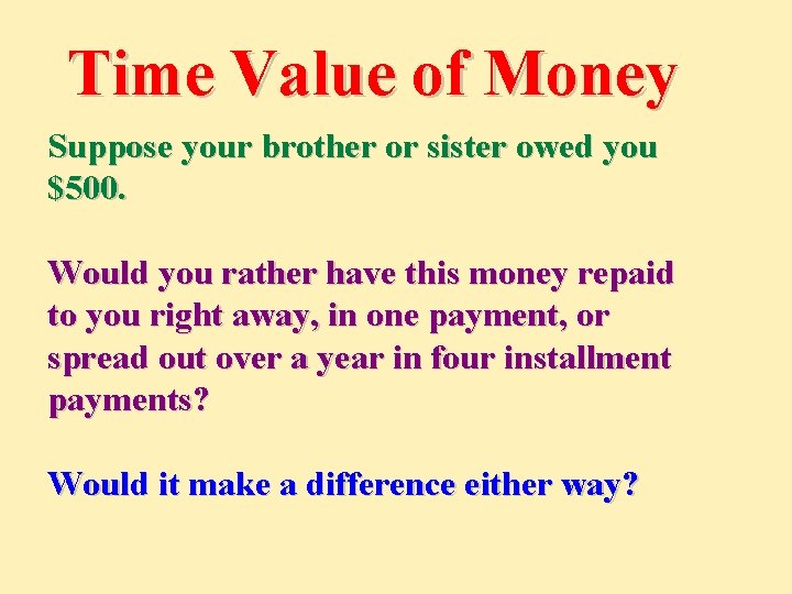 Time Value of Money Suppose your brother or sister owed you $500. Would you