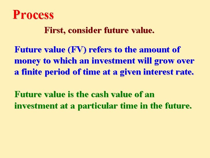 Process First, consider future value. Future value (FV) refers to the amount of money