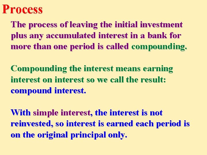 Process The process of leaving the initial investment plus any accumulated interest in a