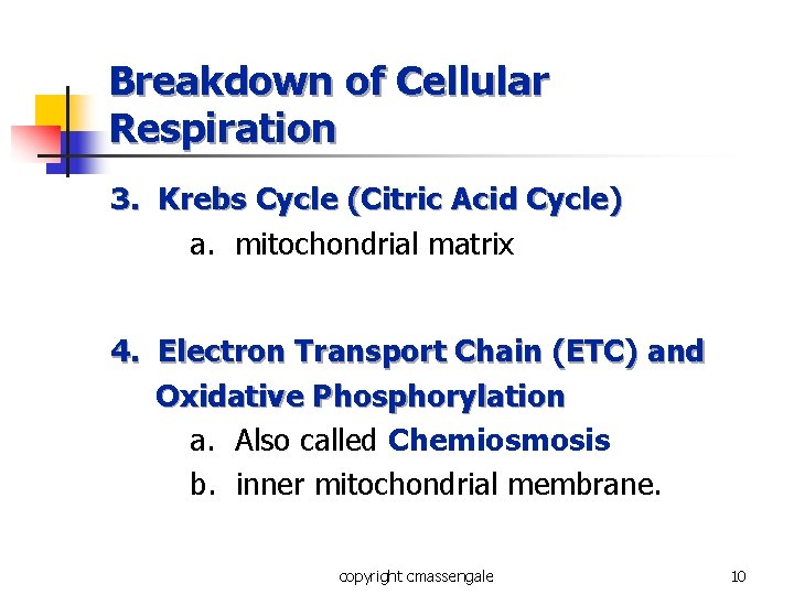 Breakdown of Cellular Respiration 3. Krebs Cycle (Citric Acid Cycle) a. mitochondrial matrix 4. Breakdown of Cellular Respiration 3. Krebs Cycle (Citric Acid Cycle) a. mitochondrial matrix 4.