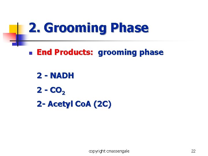 2. Grooming Phase n End Products: grooming phase 2 - NADH 2 - CO 2. Grooming Phase n End Products: grooming phase 2 - NADH 2 - CO