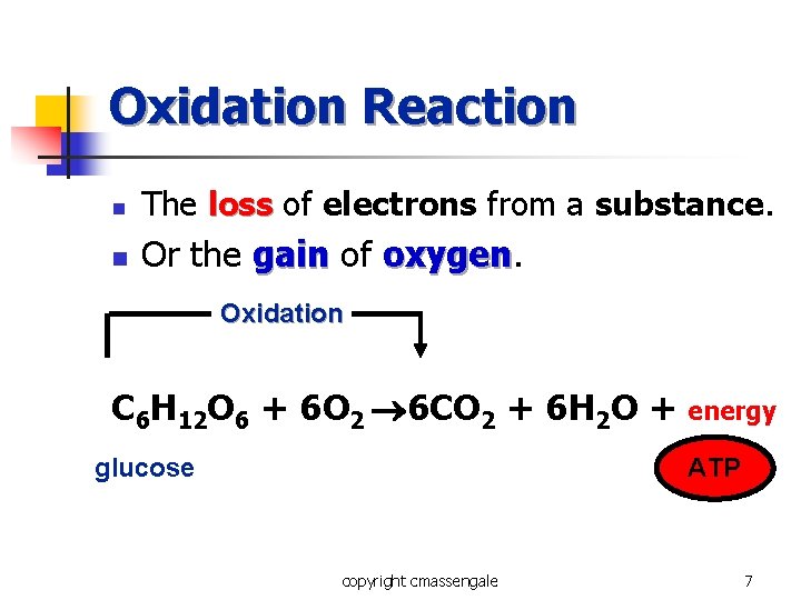 Oxidation Reaction n The loss of electrons from a substance. n Or the gain Oxidation Reaction n The loss of electrons from a substance. n Or the gain
