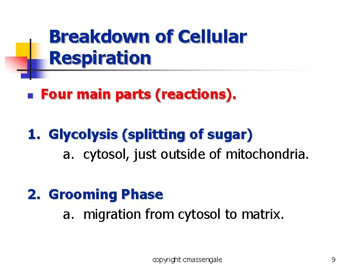 Breakdown of Cellular Respiration n Four main parts (reactions). 1. Glycolysis (splitting of sugar) Breakdown of Cellular Respiration n Four main parts (reactions). 1. Glycolysis (splitting of sugar)