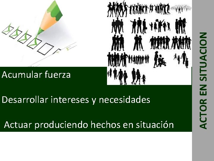 Desarrollar intereses y necesidades Actuar produciendo hechos en situación ACTOR EN SITUACION Acumular fuerza Desarrollar intereses y necesidades Actuar produciendo hechos en situación ACTOR EN SITUACION Acumular fuerza