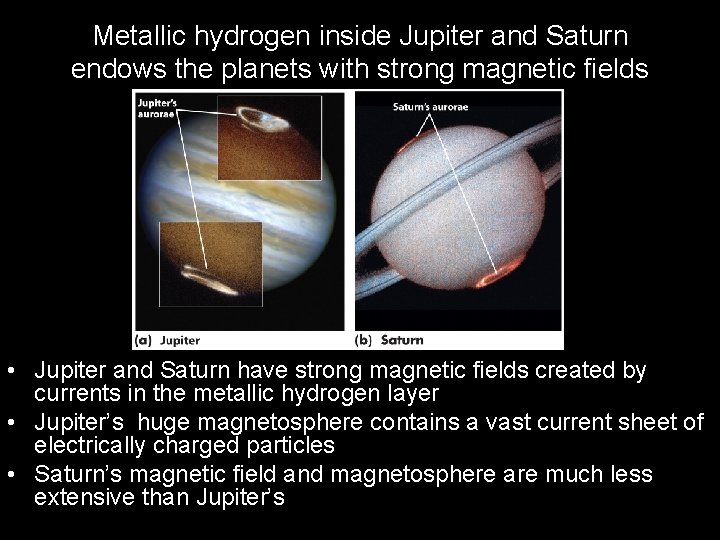 Metallic hydrogen inside Jupiter and Saturn endows the planets with strong magnetic fields •