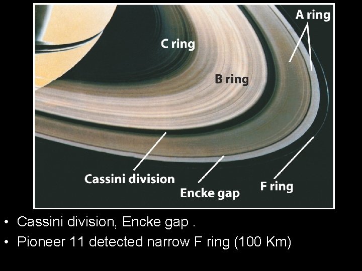  • Cassini division, Encke gap. • Pioneer 11 detected narrow F ring (100