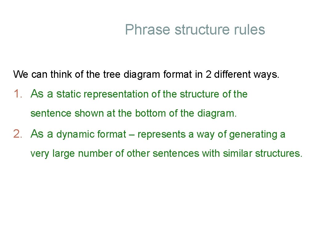 Phrase structure rules We can think of the tree diagram format in 2 different