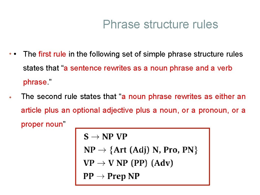 Phrase structure rules • • The first rule in the following set of simple