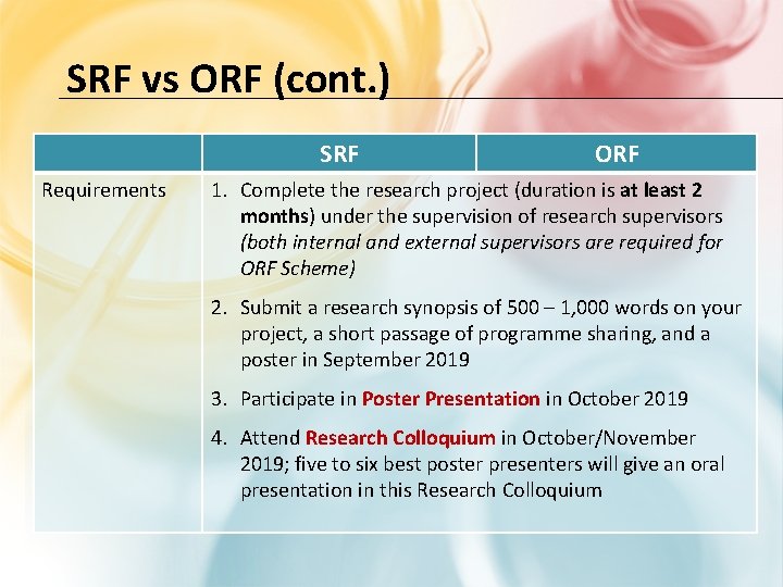 SRF vs ORF (cont. ) SRF Requirements ORF 1. Complete the research project (duration