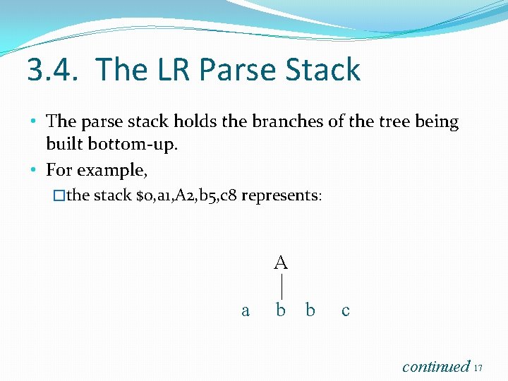 3. 4. The LR Parse Stack • The parse stack holds the branches of