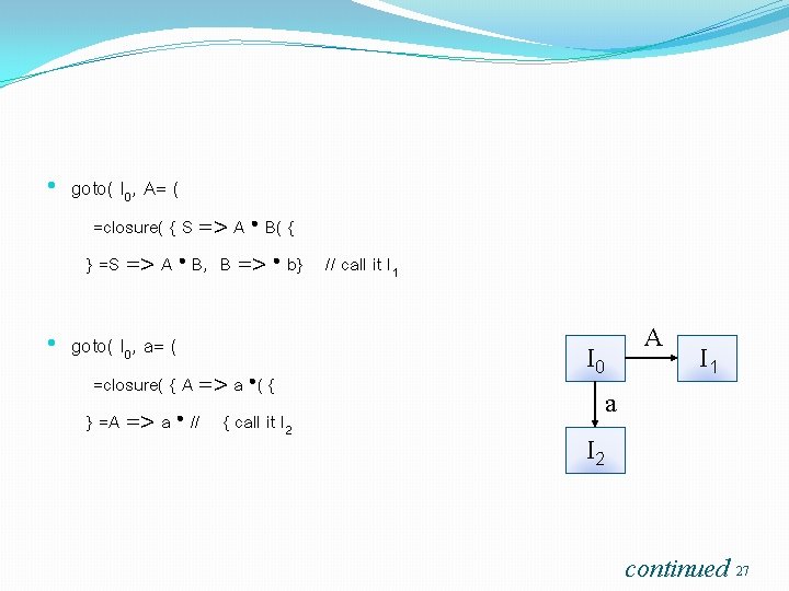  • goto( I 0, A= ( =closure( { S => A • B(