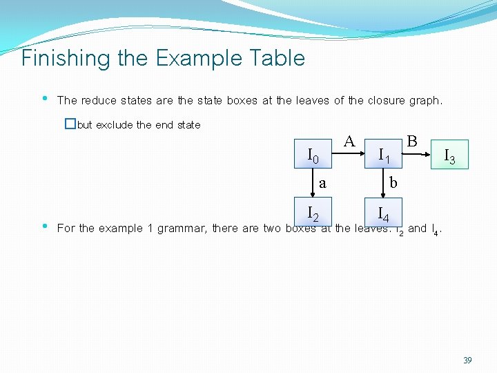 Finishing the Example Table • The reduce states are the state boxes at the