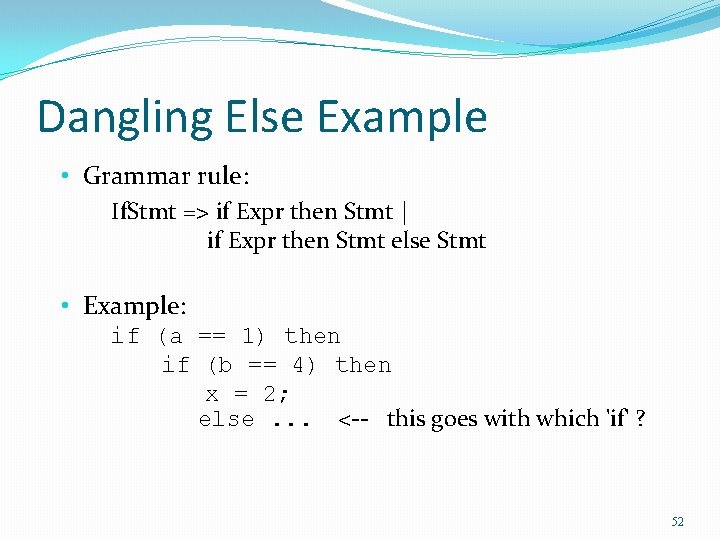 Dangling Else Example • Grammar rule: If. Stmt => if Expr then Stmt |