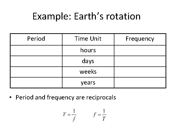 Example: Earth’s rotation Period Time Unit Frequency 24 hours 1/24 1 days 1 1/7 Example: Earth’s rotation Period Time Unit Frequency 24 hours 1/24 1 days 1 1/7