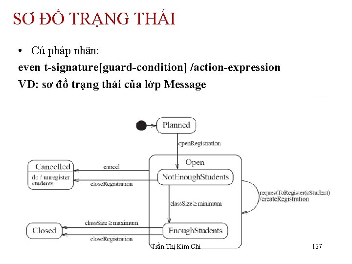SƠ ĐỒ TRẠNG THÁI • Cú pháp nhãn: even t-signature[guard-condition] /action-expression VD: sơ đồ