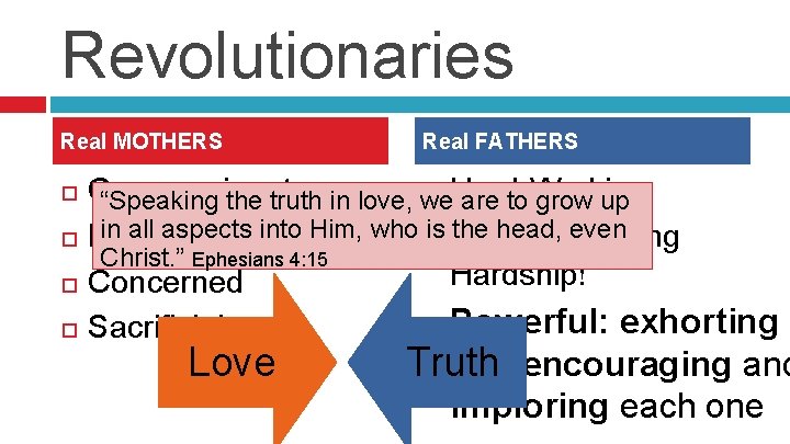 Revolutionaries Real MOTHERS Real FATHERS Compassionate Hard-Working “Speaking the truth in love, we are