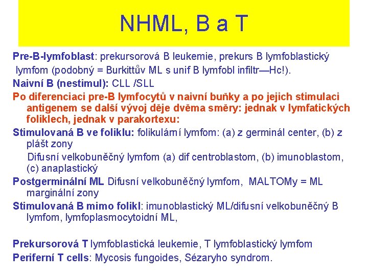 NHML, B a T Pre-B-lymfoblast: prekursorová B leukemie, prekurs B lymfoblastický lymfom (podobný =