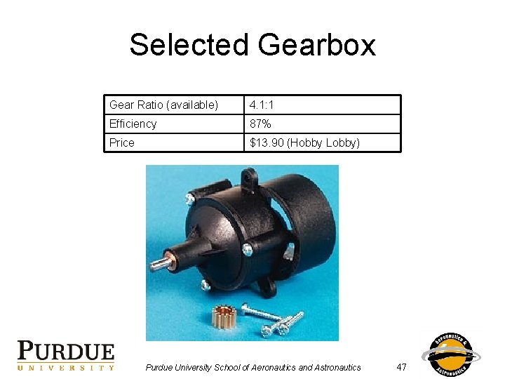 Selected Gearbox Gear Ratio (available) 4. 1: 1 Efficiency 87% Price $13. 90 (Hobby