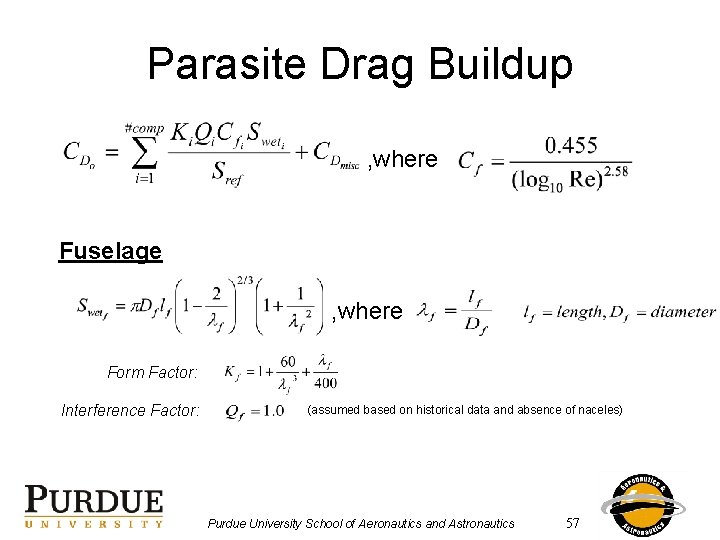 Parasite Drag Buildup , where Fuselage , where Form Factor: Interference Factor: (assumed based