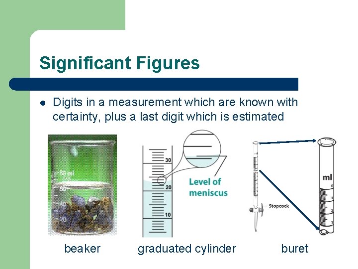 Significant Figures l Digits in a measurement which are known with certainty, plus a