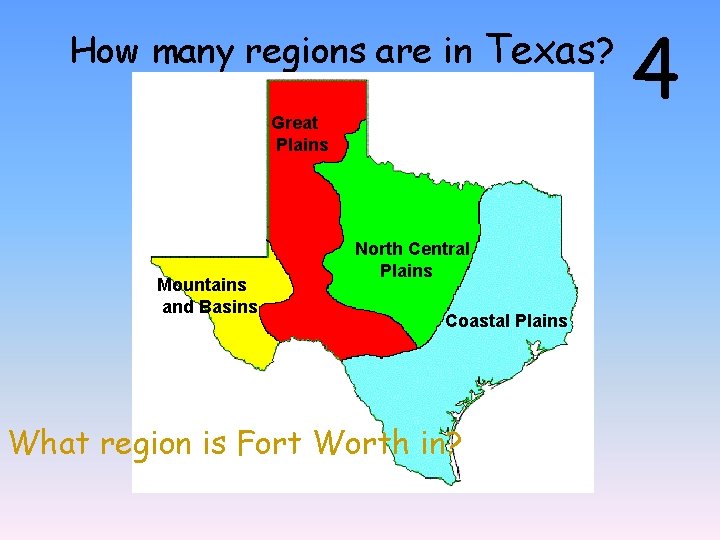 How many regions are in Texas? Great Plains Mountains and Basins North Central Plains