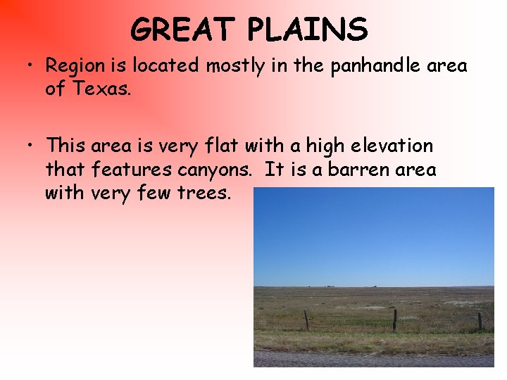 GREAT PLAINS • Region is located mostly in the panhandle area of Texas. •