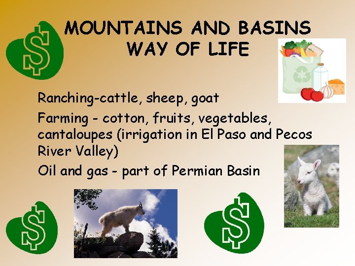 MOUNTAINS AND BASINS WAY OF LIFE Ranching-cattle, sheep, goat Farming - cotton, fruits, vegetables,