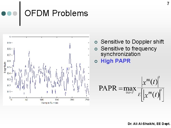 7 OFDM Problems ¢ ¢ ¢ Sensitive to Doppler shift Sensitive to frequency synchronization