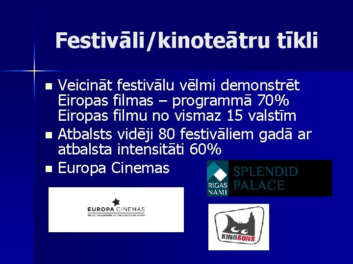 Festivāli/kinoteātru tīkli Veicināt festivālu vēlmi demonstrēt Eiropas filmas – programmā 70% Eiropas filmu no