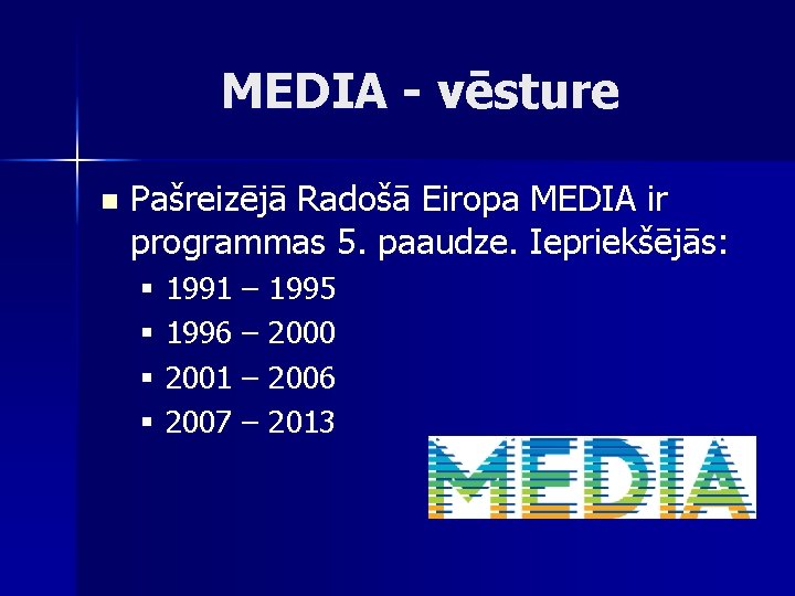 MEDIA - vēsture n Pašreizējā Radošā Eiropa MEDIA ir programmas 5. paaudze. Iepriekšējās: §
