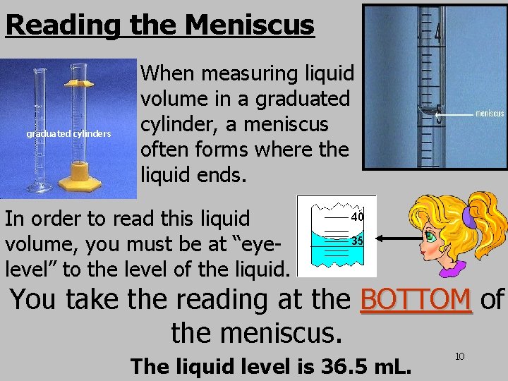 Reading the Meniscus graduated cylinders When measuring liquid volume in a graduated cylinder, a