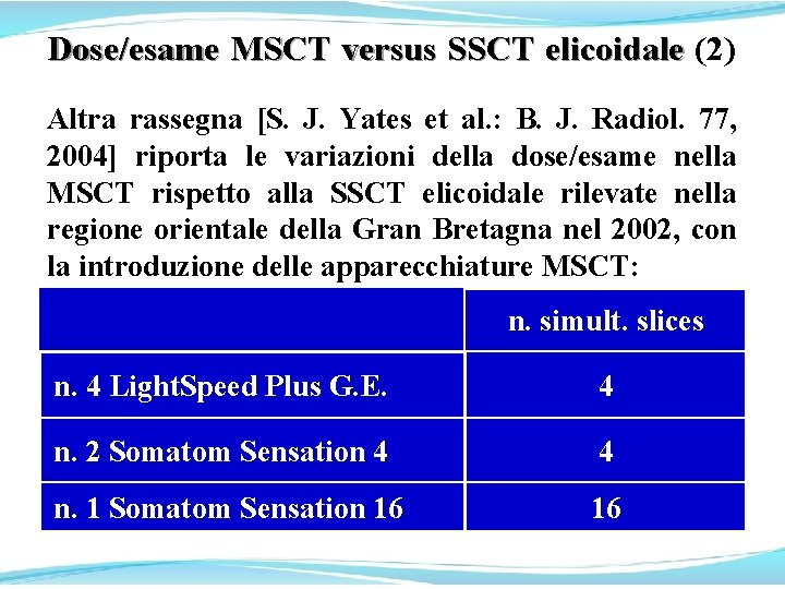 Dose/esame MSCT versus SSCT elicoidale (2) elicoidale Altra rassegna [S. J. Yates et al.