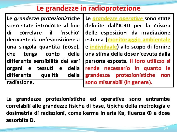 Le grandezze in radioprotezione Le grandezze protezionistiche sono state introdotte al fine di correlare