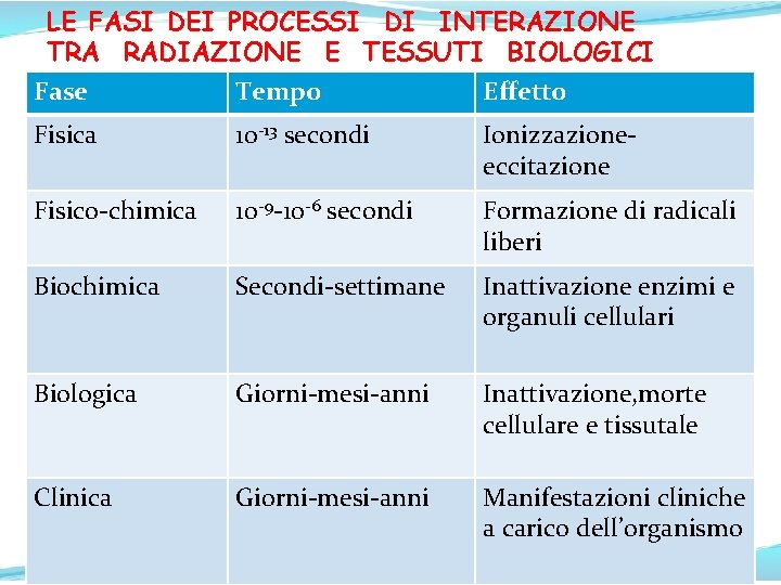 LE FASI DEI PROCESSI DI INTERAZIONE TRA RADIAZIONE E TESSUTI BIOLOGICI Fase Tempo Effetto