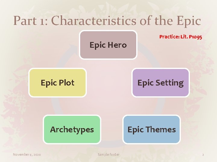Part 1: Characteristics of the Epic Hero Epic Setting Epic Plot Archetypes November 4, Part 1: Characteristics of the Epic Hero Epic Setting Epic Plot Archetypes November 4,