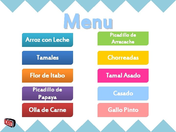 Menu Arroz con Leche Picadillo de Arracache Tamales Chorreadas Flor de Itabo Tamal Asado