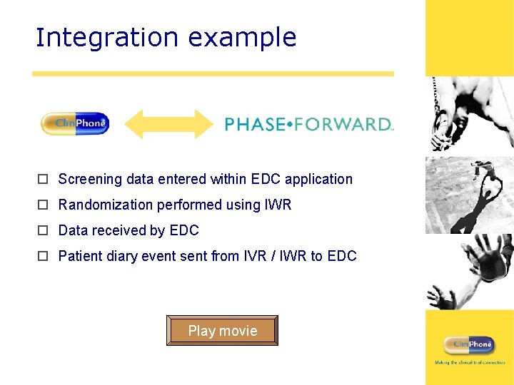 Integration example o Screening data entered within EDC application o Randomization performed using IWR