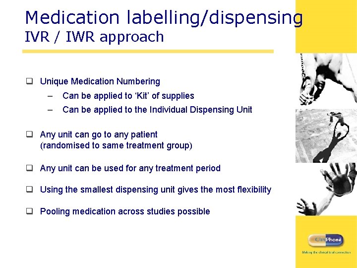 Medication labelling/dispensing IVR / IWR approach q Unique Medication Numbering – Can be applied