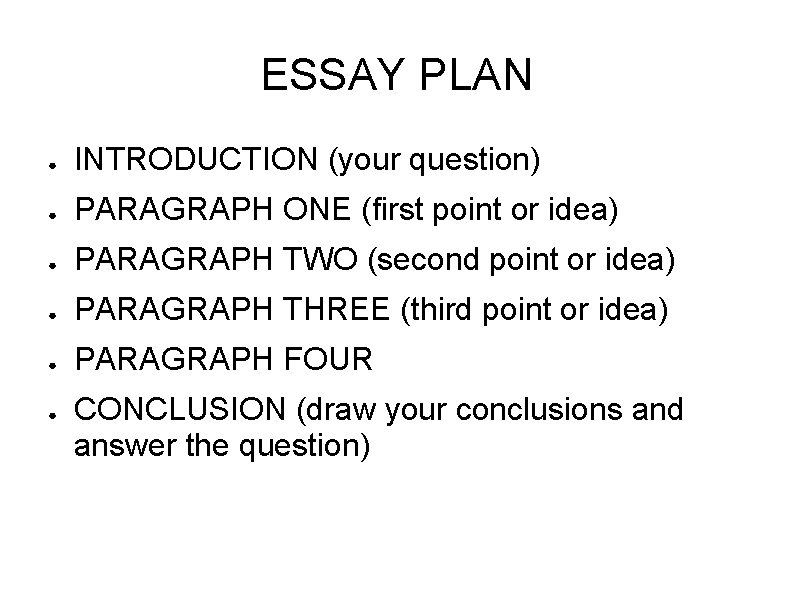 ESSAY PLAN ● INTRODUCTION (your question) ● PARAGRAPH ONE (first point or idea) ●